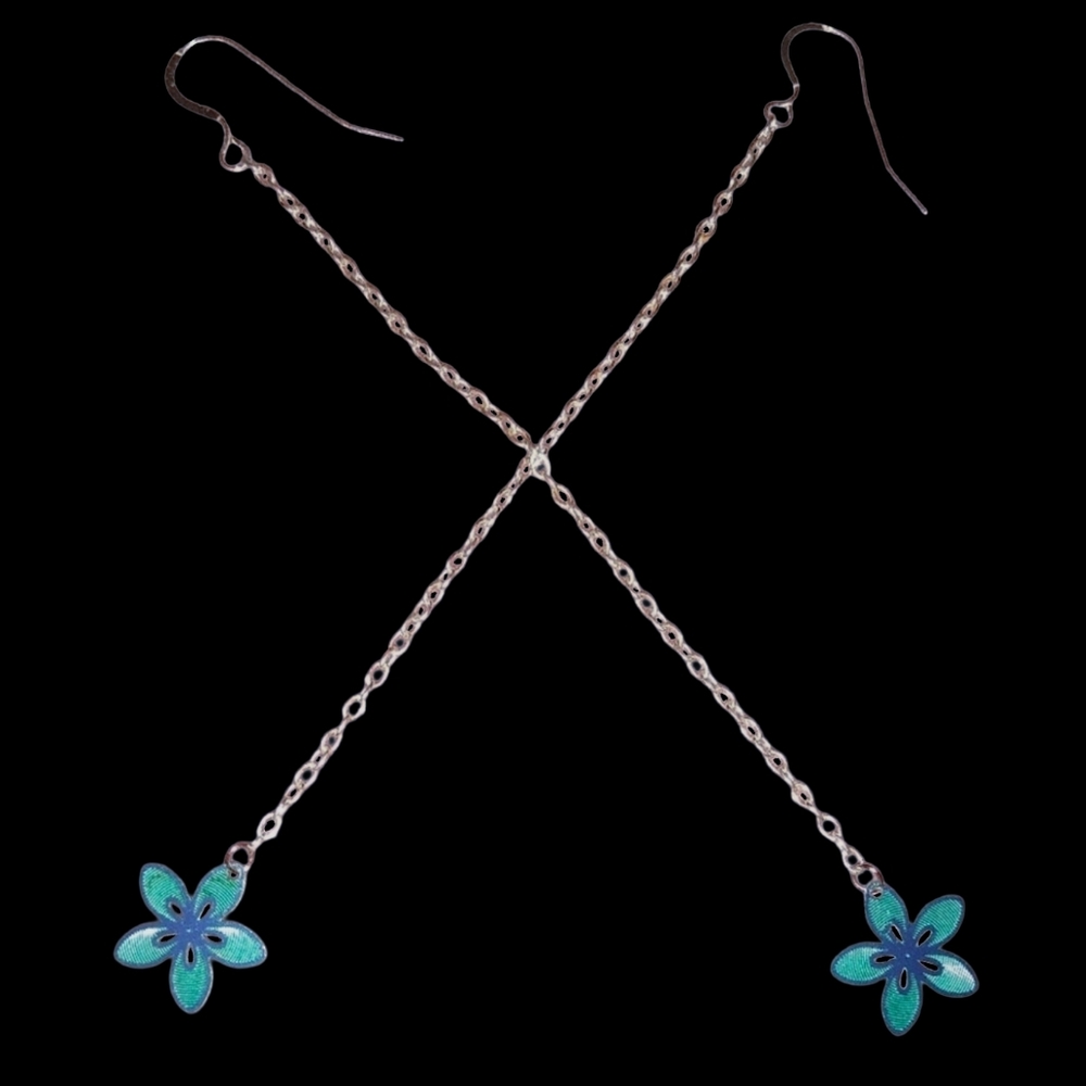 Blue Flower Long Dangle Chain Handmade Earrings Solid 925 Sterling Silver Hooks